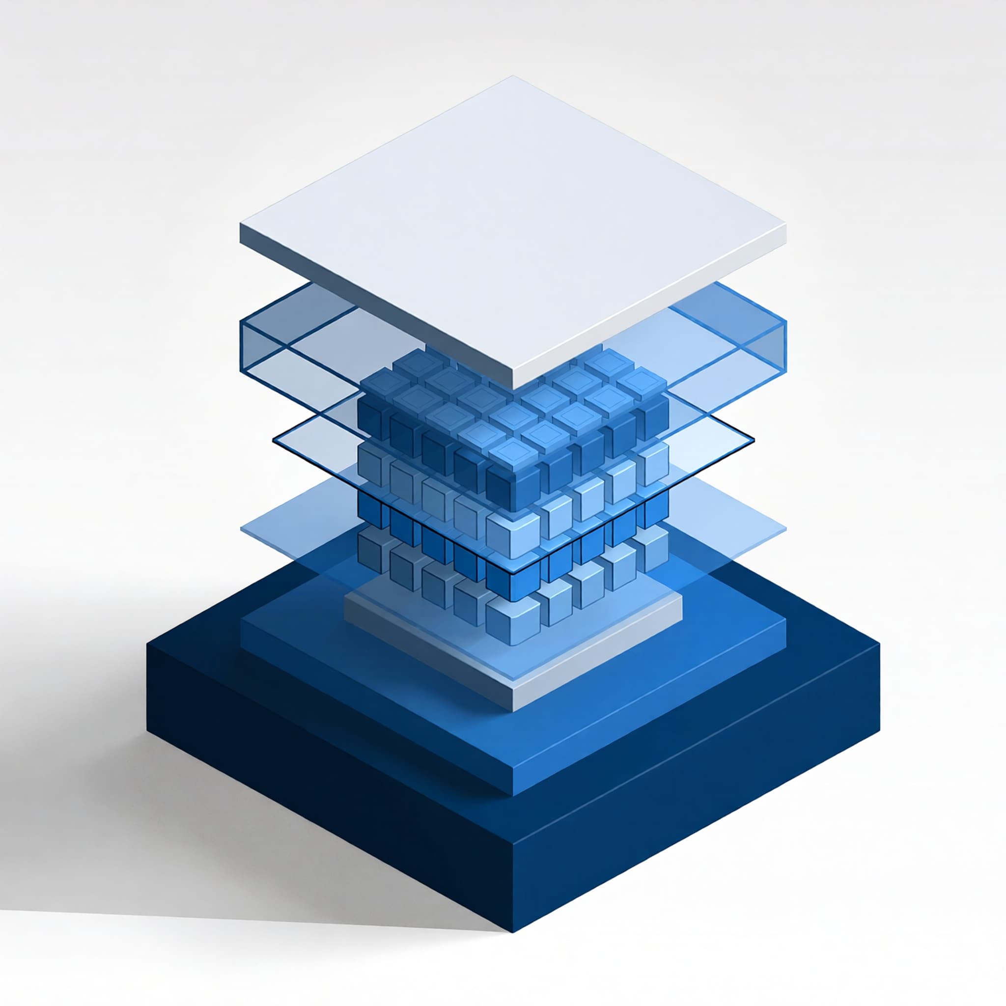 Abstract layered systems visual representing foundations, platforms, governance, reliability and outcomes